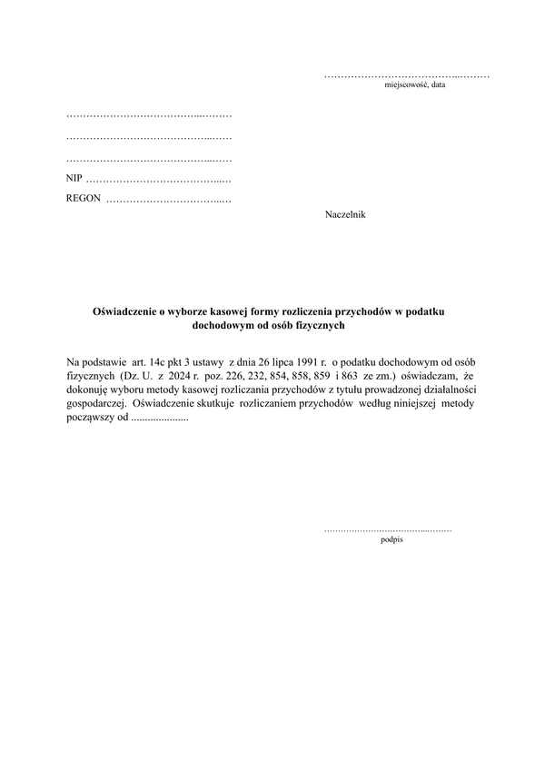 OoWKFR Oświadczenie o wyborze kasowej formy rozliczenia przychodów w podatku dochodowym od osób fizycznych