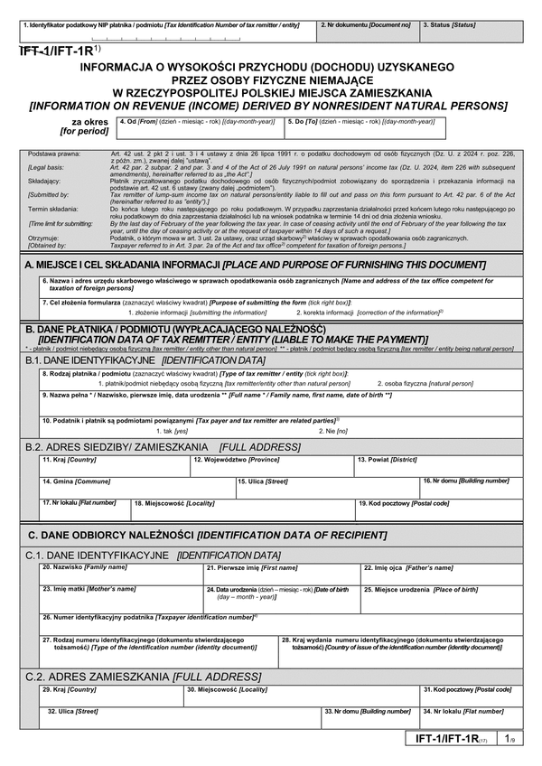 IFT-1R (17) (2024) Informacja o wysokości przychodu (dochodu) uzyskanego przez osoby fizyczne niemające w Polsce miejsca zamieszkania