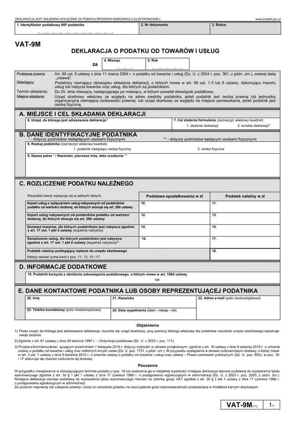 VAT-9M (11) Deklaracja dla podatku od towarów i usług