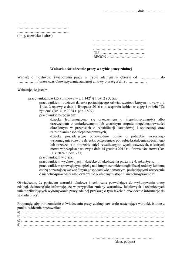 Wniosek o świadczenie pracy w trybie pracy zdalnej