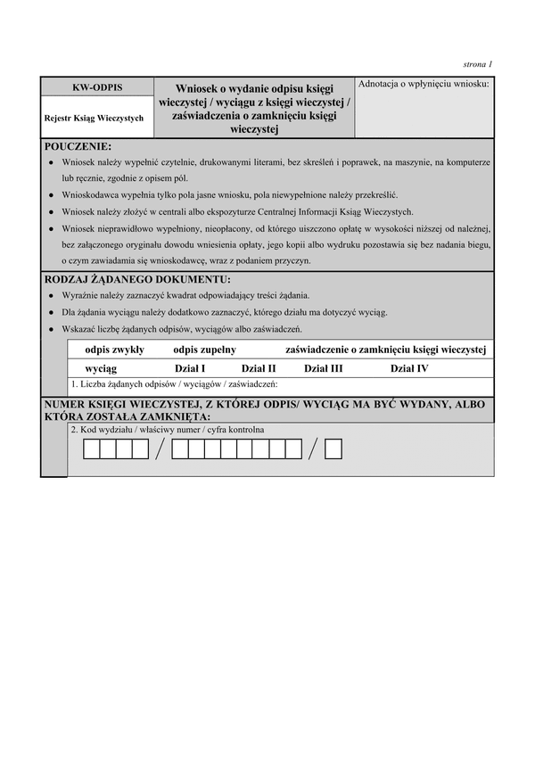 KW-ODPIS (od 2025) Wniosek o wydanie odpisu księgi wieczystej/zaświadczenia o zamknięciu księgi wieczystej