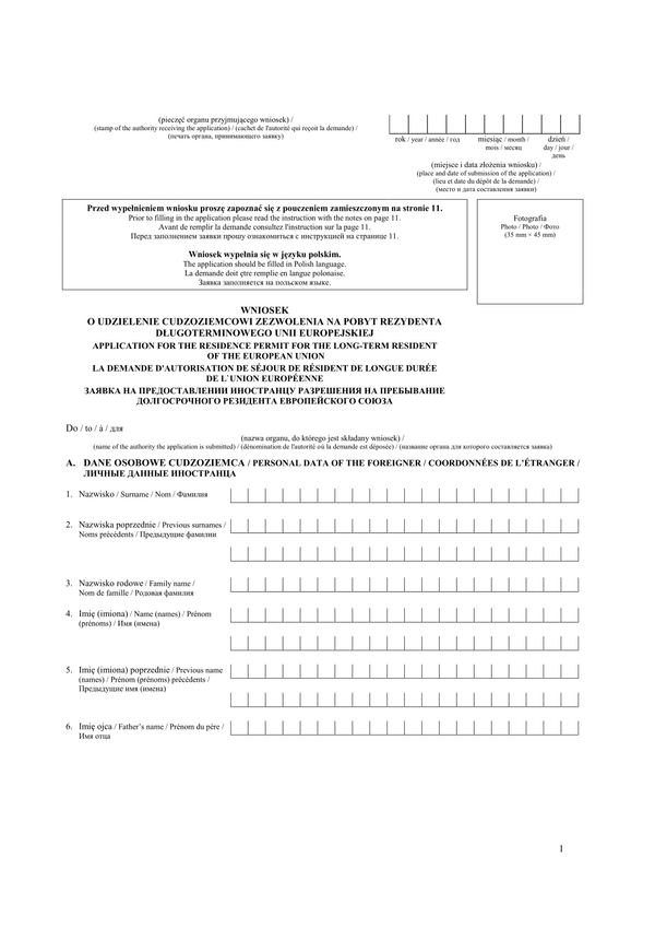 Wniosek o udzielenie cudzoziemcowi zezwolenia na pobyt rezydenta długoterminowego UE