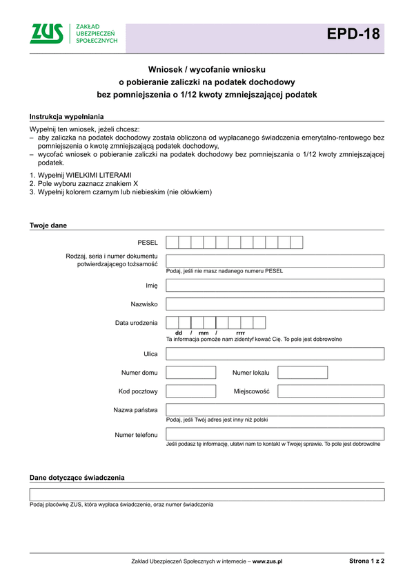 ZUS EPD-18 Wniosek o pobieranie zaliczki na podatek dochodowy bez pomniejszania o 1/12 kwoty zmniejszającej podatek