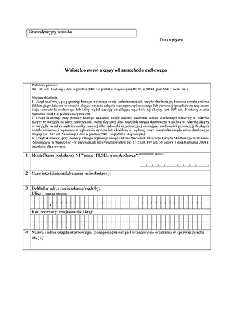 WoZASO Wniosek o zwrot akcyzy od samochodu osobowego