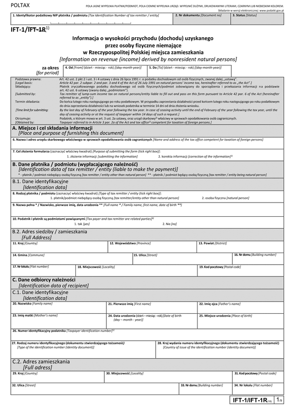 IFT-1 (18) (2025) Informacja o wysokości przychodu (dochodu) uzyskanego przez osoby fizyczne niemające w Polsce miejsca zamieszkania