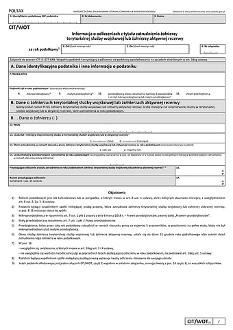 CIT/WOT (1) Informacja o odliczeniach z tytułu zatrudnienia żołnierzy terytorialnej służby wojskowej lub żołnierzy aktywnej rezerwy