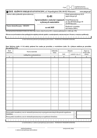 GUS G-01 (2025) Sprawozdanie o zużyciu i zapasach wybranych materiałów za rok 2025