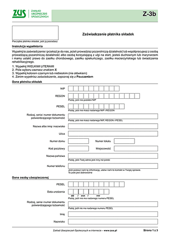 ZUS Z-3b Zaświadczenie płatnika składek - wersja papierowa