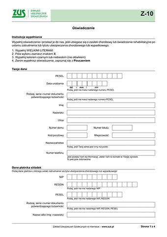 ZUS Z-10 Oświadczenie - wersja papierowa