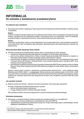ZUS ESP Inf Informacja do wniosku o świadczenie przedemerytalne