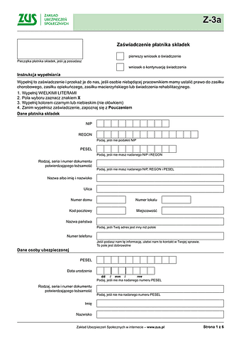 ZUS Z-3a Zaświadczenie płatnika składek - wersja papierowa