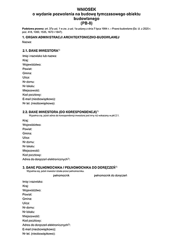 PB-8 Wniosek o wydanie pozwolenia na budowę tymczasowego obiektu budowlanego