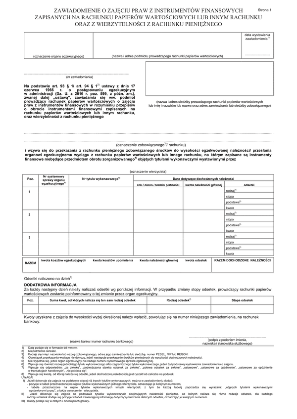 ZoZPIF (archiwalny) Zawiadomienie o zajęciu praw z instrumentów finansowych zapisanych na rachunku papierów wartościowych lub innym rachunku oraz z wierzytelności z rachunku pieniężnego