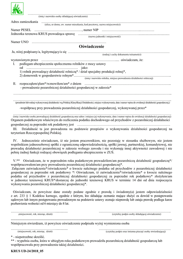 KRUS UD-24A (archiwalny) Oświadczenie w sprawie pracy w gospodarstwie