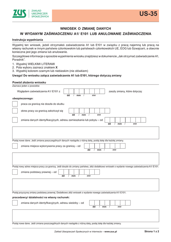 ZUS US-35 (archiwalny) Wniosek o zmianę danych zawartych w wydanym formularzu A1/E101 lub anulowanie zaświadczenia - wersja papierowa