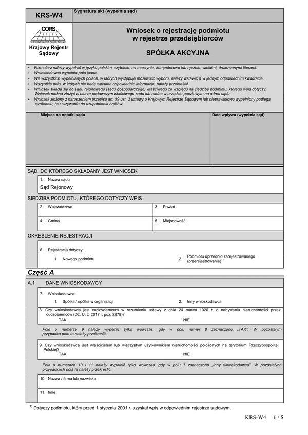 KRS-W4 (archiwalny) Wniosek o rejestrację podmiotu w rejestrze przedsiębiorców - spółka akcyjna