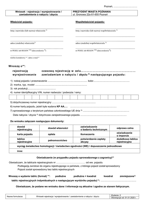 WoRWZP-Po (archiwalny) Wniosek o rejestrację, czasową rejestrację, wyrejestrowanie i zawiadomienie o pojeździe Poznań
