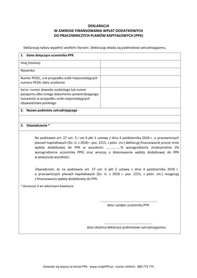 DZFWD-PPK Deklaracja w zakresie finansowania wpłat dodatkowych do pracowniczych planów kapitałowych (PPK)