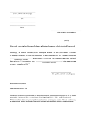 IOZW-PPK Informacja o obowiązku złożenia wniosku o wypłatę po zmianie instytucji finansowej (PPK)