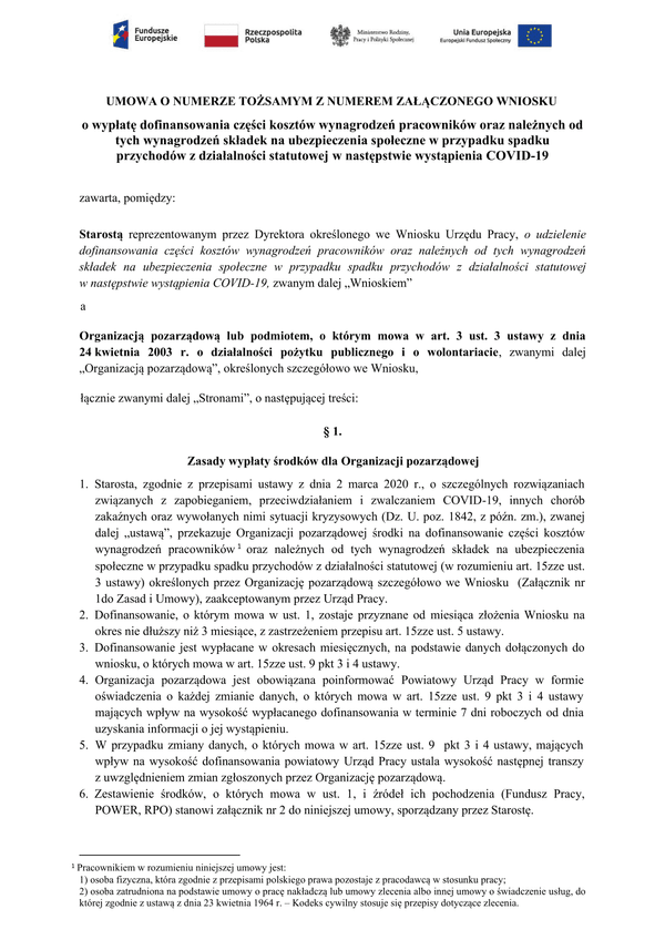 PSZ-DKWO Um (archiwalny) Umowa do wniosku o wypłatę dofinansowania części kosztów wynagrodzeń pracowników oraz należnych od tych wynagrodzeń składek na ubezpieczenia społeczne (Covid-19 koronawirus)