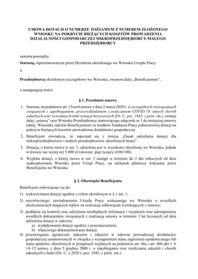 PSZ-DBDG Um (archiwalny) Umowa dotacji o numerze tożsamym z numerem złożonego wniosku na pokrycie bieżących kosztów prowadzenia działalności gospodarczej mikroprzedsiębiorcy/małego przedsiębiorcy (Covid-19 koronawirus)