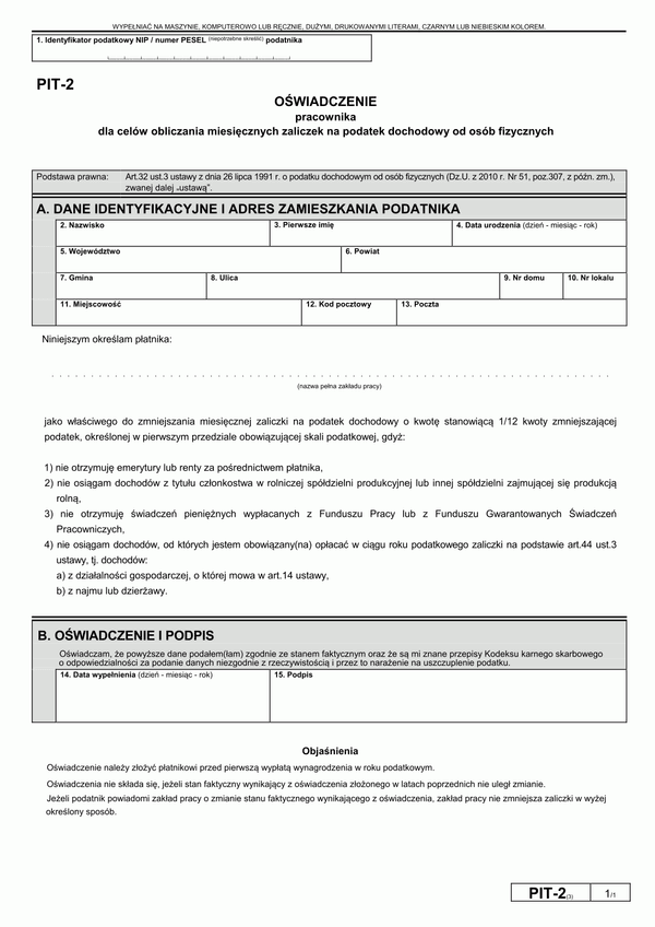 PIT-2 (3) (2011, 2012) (archiwalny) Oświadczenie pracownika dla celów obliczania miesięcznych zaliczek na podatek dochodowy od osób fizycznych