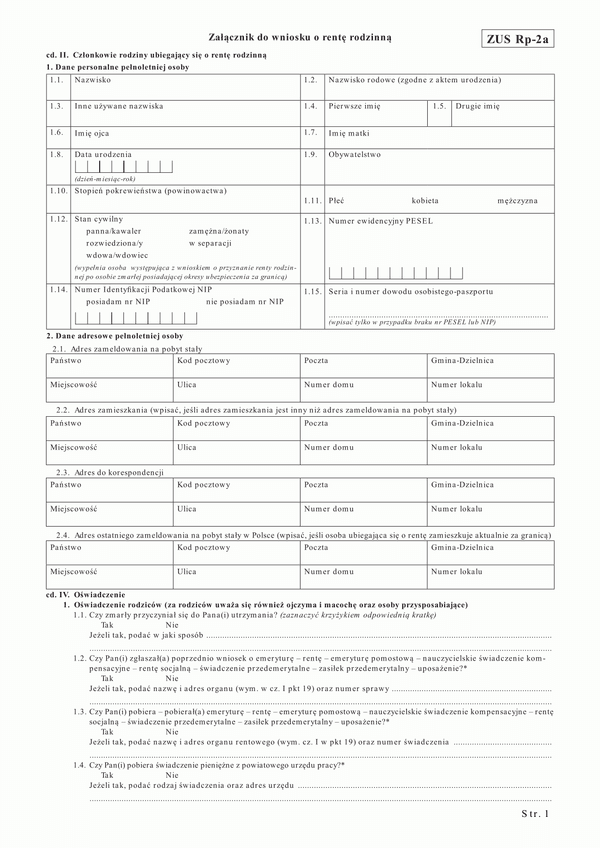 ZUS RP-2A (archiwalny) Załącznik do wniosku o rentę rodzinną