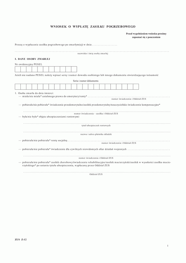 ZUS Z-12 (od 2013) (archiwalny) Wniosek o wypłatę zasiłku pogrzebowego