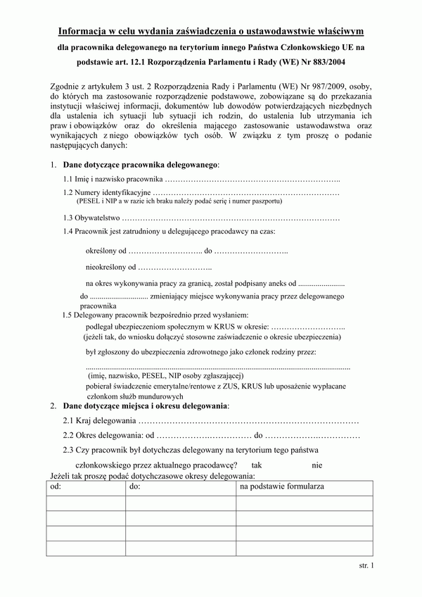 ZUS UWPD (archiwalny) Wniosek o zaświadczenie A1 - pracownik delegowany