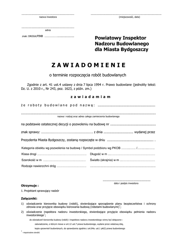 ZoTRRB-B (d) (archiwalny) Zawiadomienie o terminie rozpoczęcia robót budowlanych (droga/pinb) Bydgoszcz