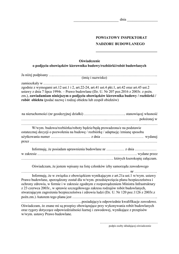 OPOK Oświadczenie o podjęciu obowiązków kierownika budowy/rozbiórki/robót budowlanych