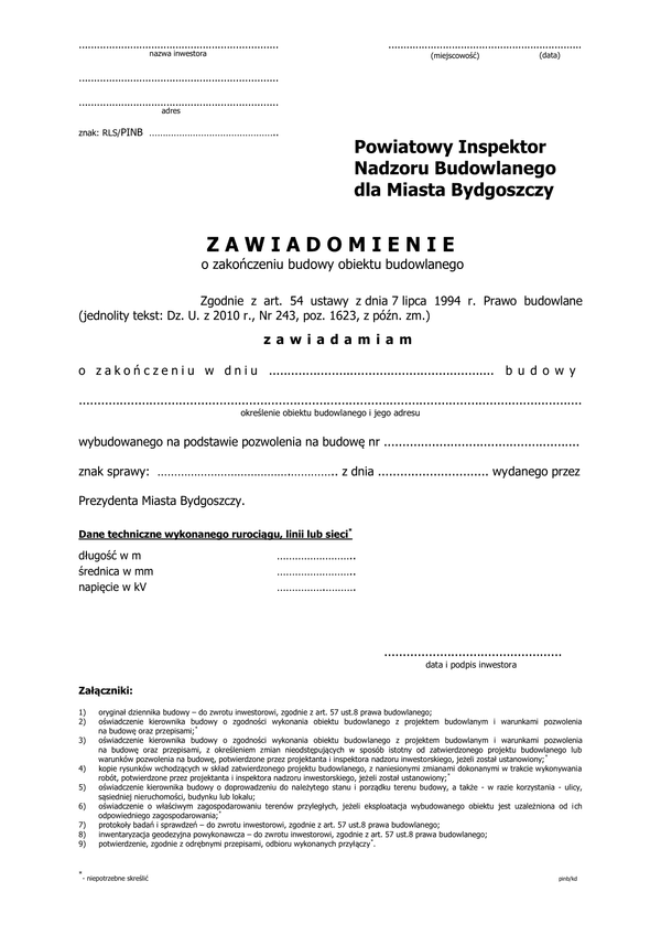 ZZB-mB (rls) (archiwalny) Zawiadomienie o zakończeniu budowy rurociągu, linii lub sieci miasto Bydgoszcz