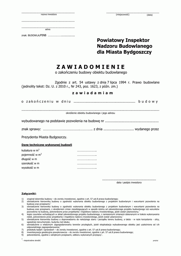 ZZB-mB (bud) (archiwalny) Zawiadomienie o zakończeniu budowy budowli miasto Bydgoszcz