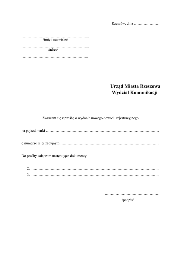 WoWDR-Rz (bm) Wniosek o wymianę dowodu rejestracyjnego z powodu braku miejsca na wpis Rzeszów