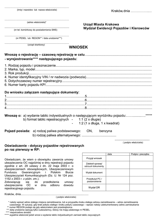 WoRWP-Kr (archiwalny) Wniosek o rejestrację, czasową rejestrację i wyrejestrowanie pojazdu Kraków
