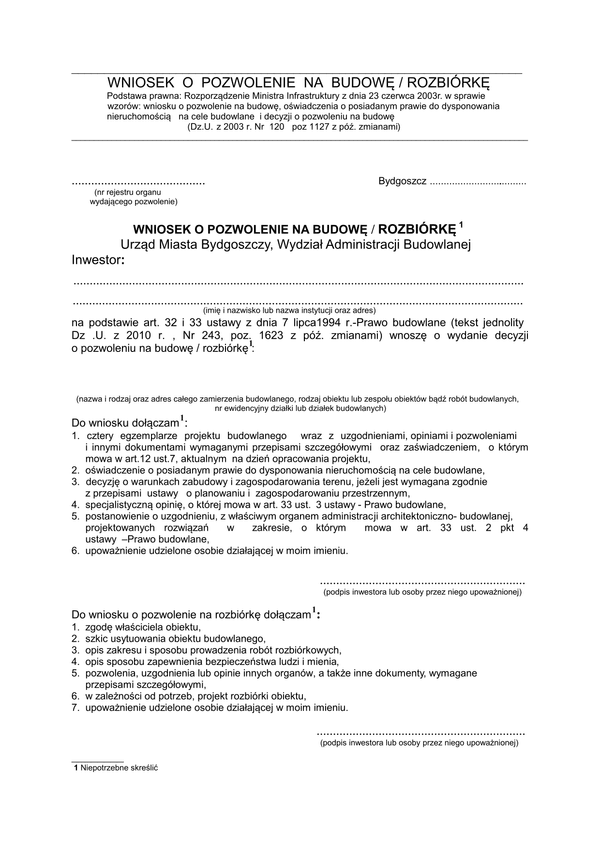 WoWPBR-B (archiwalny) Wniosek o pozwolenie na budowę/rozbiórkę Bydgoszcz