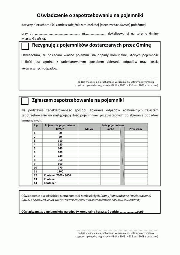 OZP-G Oświadczenie o zapotrzebowaniu na pojemniki załącznik do deklaracji o wysokości opłaty za gospodarowanie odpadami komunalnymi -  Gdańsk