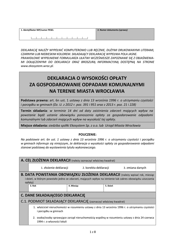 DWOOK-Wr (archiwalny) Deklaracja o wysokości opłaty za gospodarowanie odpadami komunalnymi - Wrocław