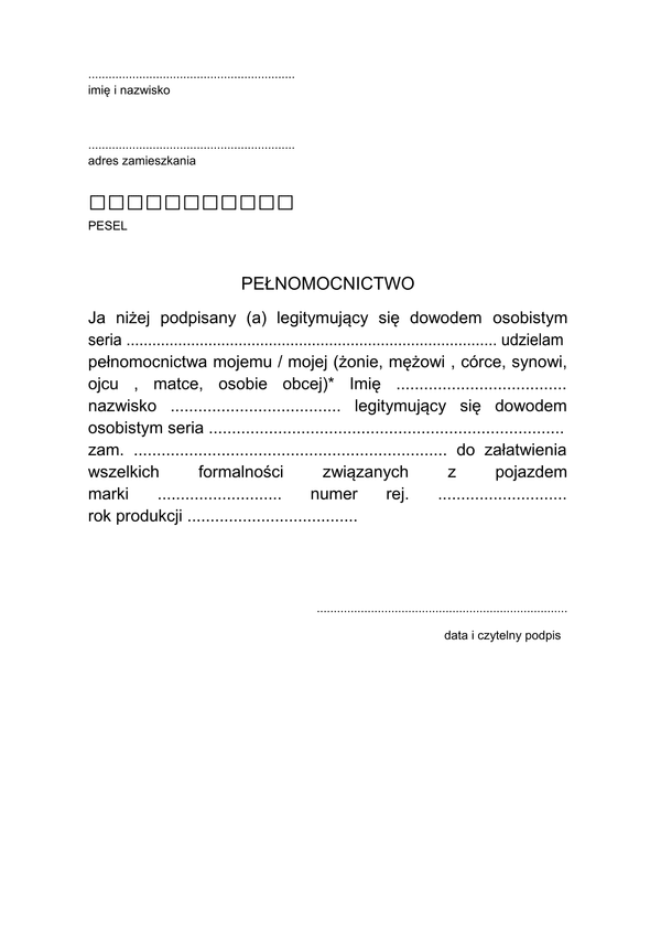RWP-P-Ol Pełnomocnictwo rejestracja wyrejestrowanie pojazdu Olsztyn