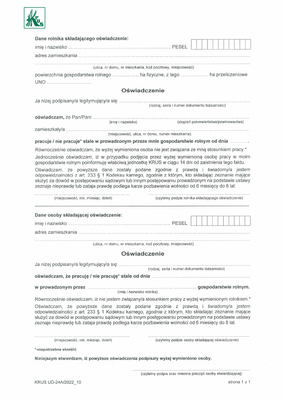 KRUS UD-24A Oświadczenie w sprawie pracy w gospodarstwie