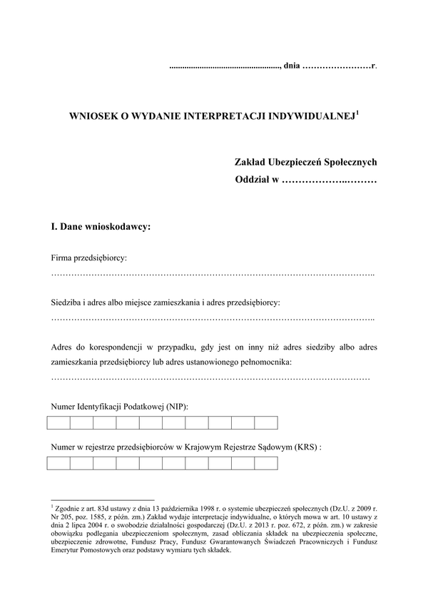 ZUS WOI (od XI 2013) Wniosek o wydanie interpretacji indywidualnej