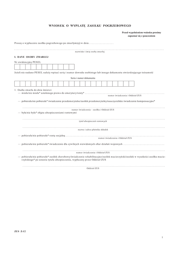 ZUS Z-12 (od X 2014) (archiwalny) Wniosek o wypłatę zasiłku pogrzebowego