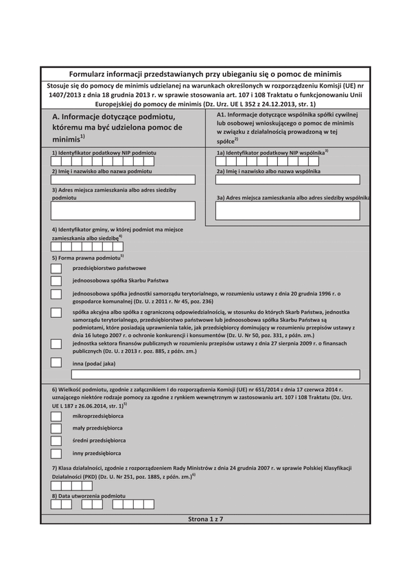 PFRON INF-O-PdM Formularz informacji przedstawianych przy ubieganiu się o pomoc de minimis 