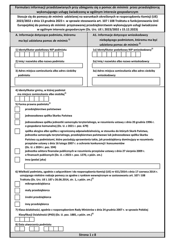 DMPOIG Formularz informacji przedstawianych przy ubieganiu się o pomoc de minimis przez przedsiębiorcę wykonującego usługę świadczoną w ogólnym interesie gospodarczym