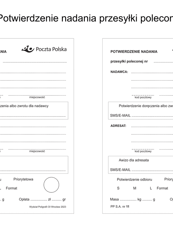 PP 11 (od 2023) Potwierdzenie nadania przesyłki poleconej (2 sztuki)