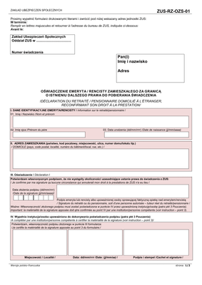 ZUS-RZ-OZS-01 (archiwalny) Oświadczenie emeryta / rencisty zamieszkałego za granicą o istnieniu dalszego prawa do pobierania świadczenia (wersja polsko-francuska) 