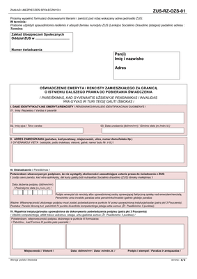 ZUS-RZ-OZS-01 (archiwalny) Oświadczenie emeryta / rencisty zamieszkałego za granicą o istnieniu dalszego prawa do pobierania świadczenia (wersja polsko-litewska)