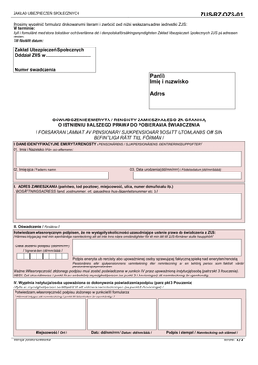 ZUS-RZ-OZS-01 (archiwalny) Oświadczenie emeryta / rencisty zamieszkałego za granicą o istnieniu dalszego prawa do pobierania świadczenia (wersja polsko-szwedzka)