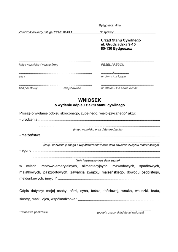 WOWAC-B (archiwalny) Wniosek o wydanie odpisu aktu stanu cywilnego Bydgoszcz